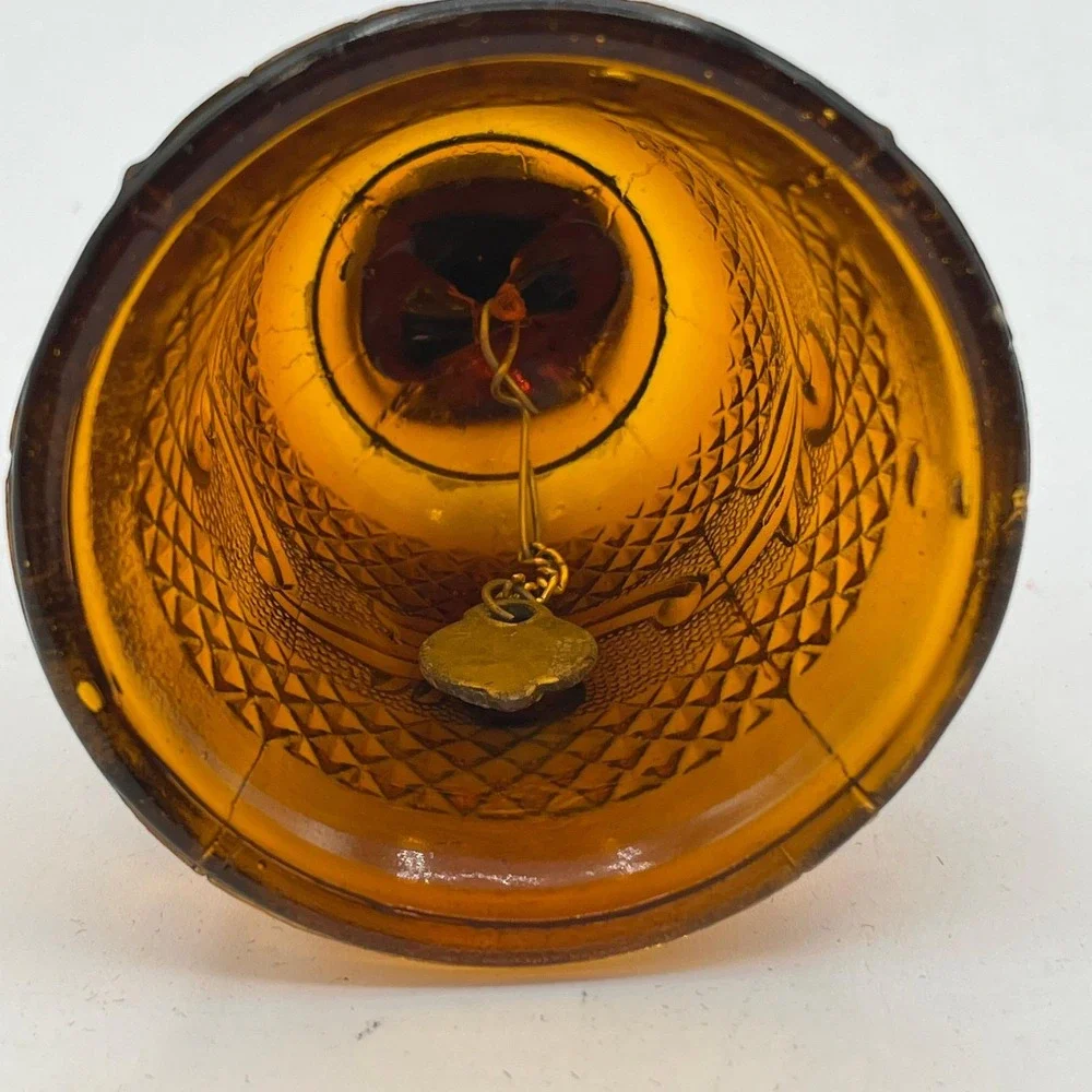 Vintage Amber Glass Hand Bell Diamond Point Scroll Pattern 6